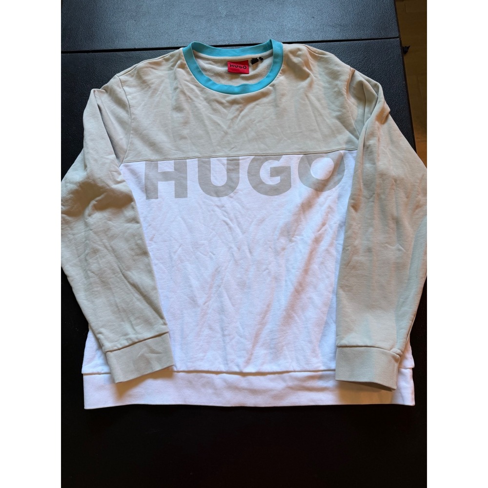Hugo Boss Mens XXL Colorblock Logo Sweatshirt Beige White Blue Crewneck 50475221